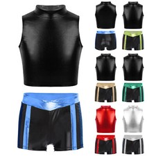Girls Gymnastic Dance Sets Shiny Metallic Crop Top Shorts Jazz Hip Hop Dancewear