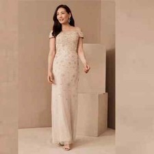 EVENING DRESS ADRIANNA PAPELL 10 BEIGE BHLDN CHIFFON ROSIE OFF SHOULDER NWT $350