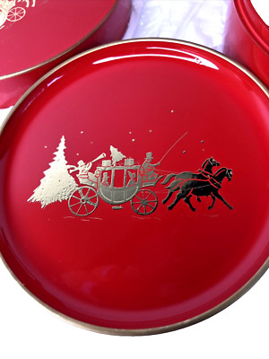 Vintage Otagiri Coaster Set Horse Carriage Red Gold Lacquerware Japan Christmas 