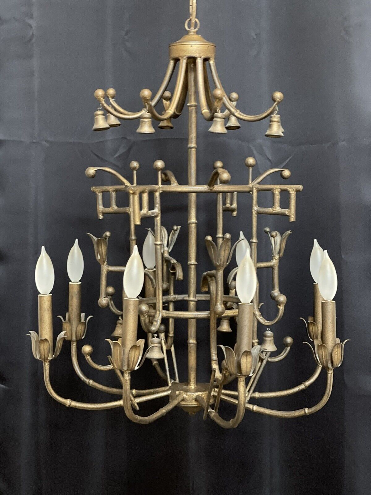 Vintage Faux Bamboo Tole Chandelier Bronze Chinoiserie Chippendale Pagoda