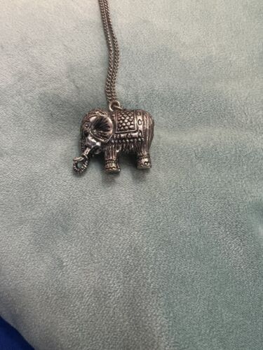 Silver Colored Elephant Necklace Long Chain Rhinestone Eyes - Picture 1 of 4