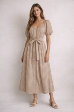 NWT Reformation Dress Roland XS  Tan Natural Anzo Check Gingham Midi Puff Sleeve