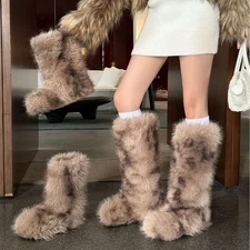 Winter Luxury Women's Fox Fur Knee High Boots  Round Toe Warm Fluffy Snow Boots