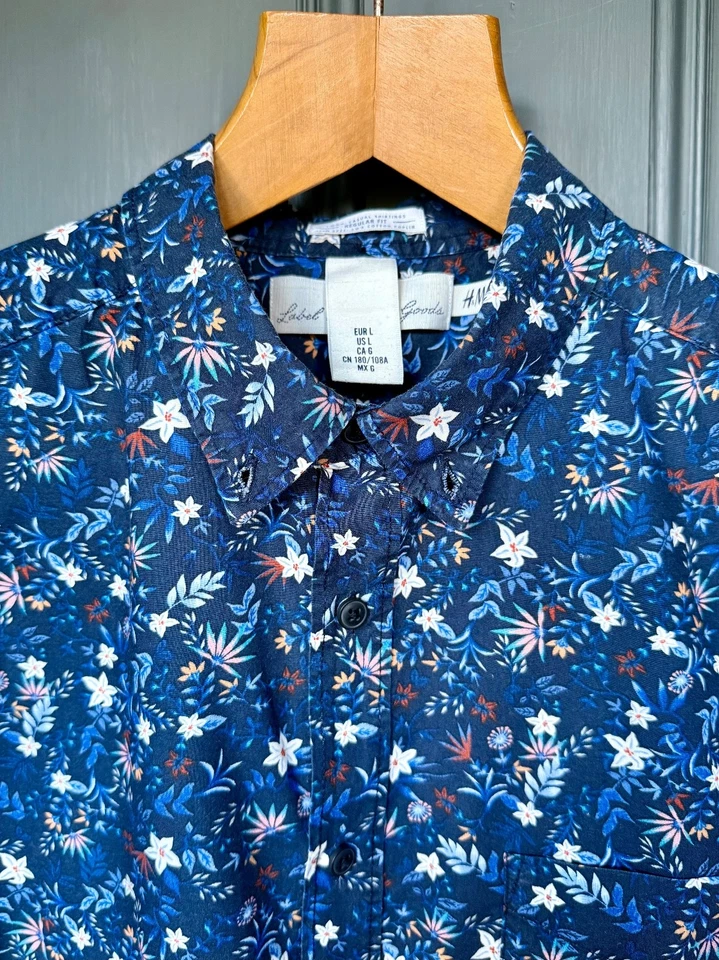 H&M LOGG Navy Blue Floral Print Shirt Large Regular Fit - Image 1 of 4