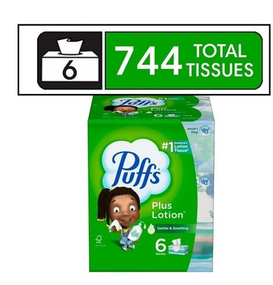 Puffs Plus Lotion Facial Tissues, 6 Family Size Boxes, 124 Tissues per box