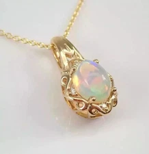 2Ct Oval Cut Fire Opal Diamond Solitaire Pendant 14K Yellow Gold Over Free Chain