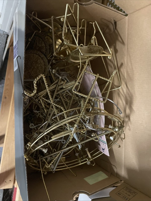 Mixed box of Metal Collectible Plate Tea Cup Hangers Holders Display Stands