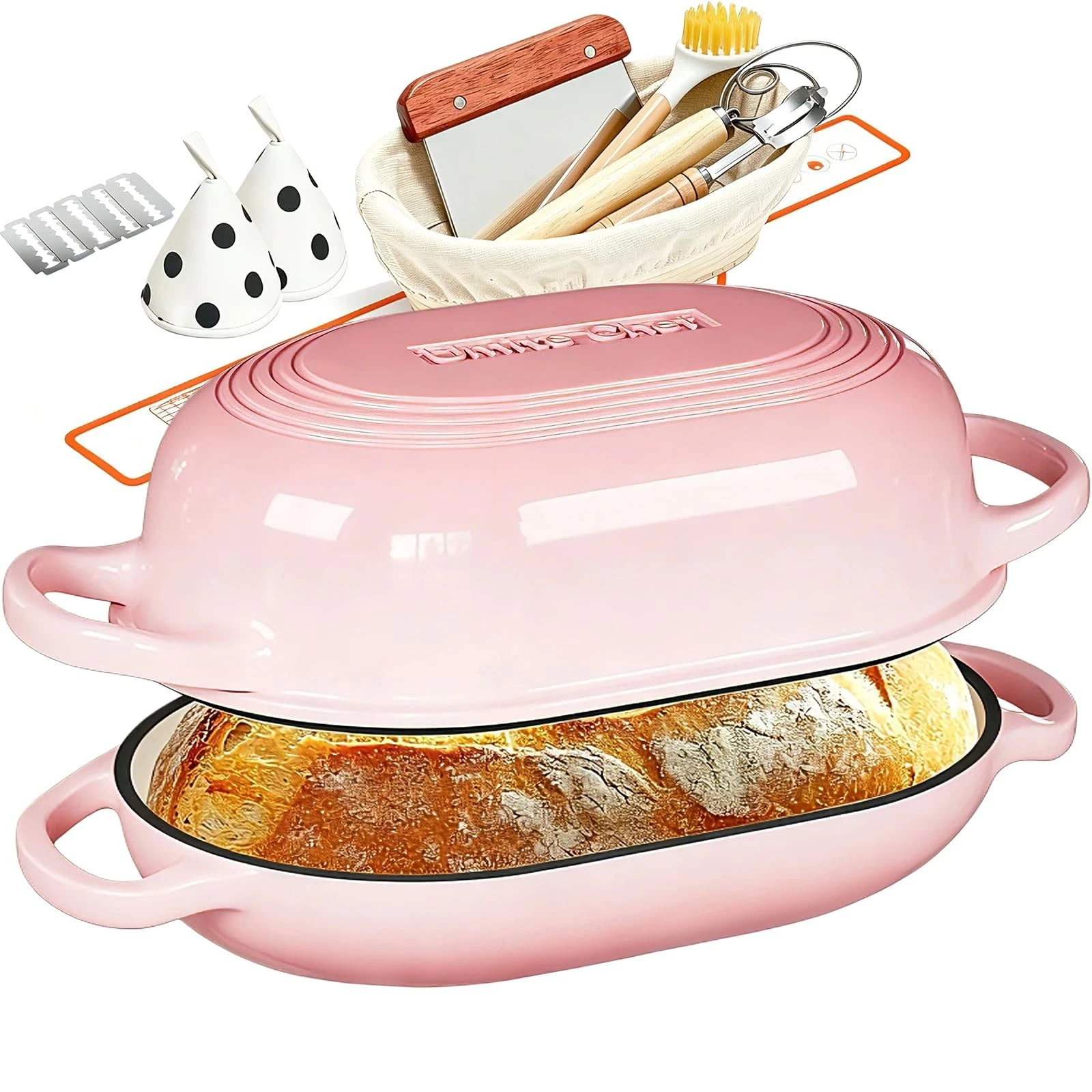 Iron Cast Dutch Oven 5QT Sourdough Bread Baking Kit Pink Enameled incl. Supplies