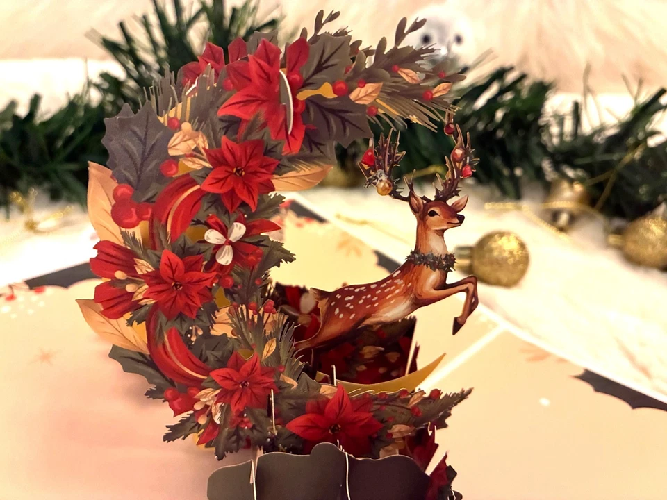 Beautiful 3D Pop Up Christmas Reindeer with Poinsettia Greeting Card Xmas - Image 2 of 4