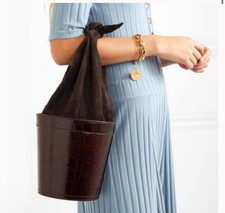 NWT New Staud Britt Croc-Effect Leather  Suede Bucket Bag Brown 375