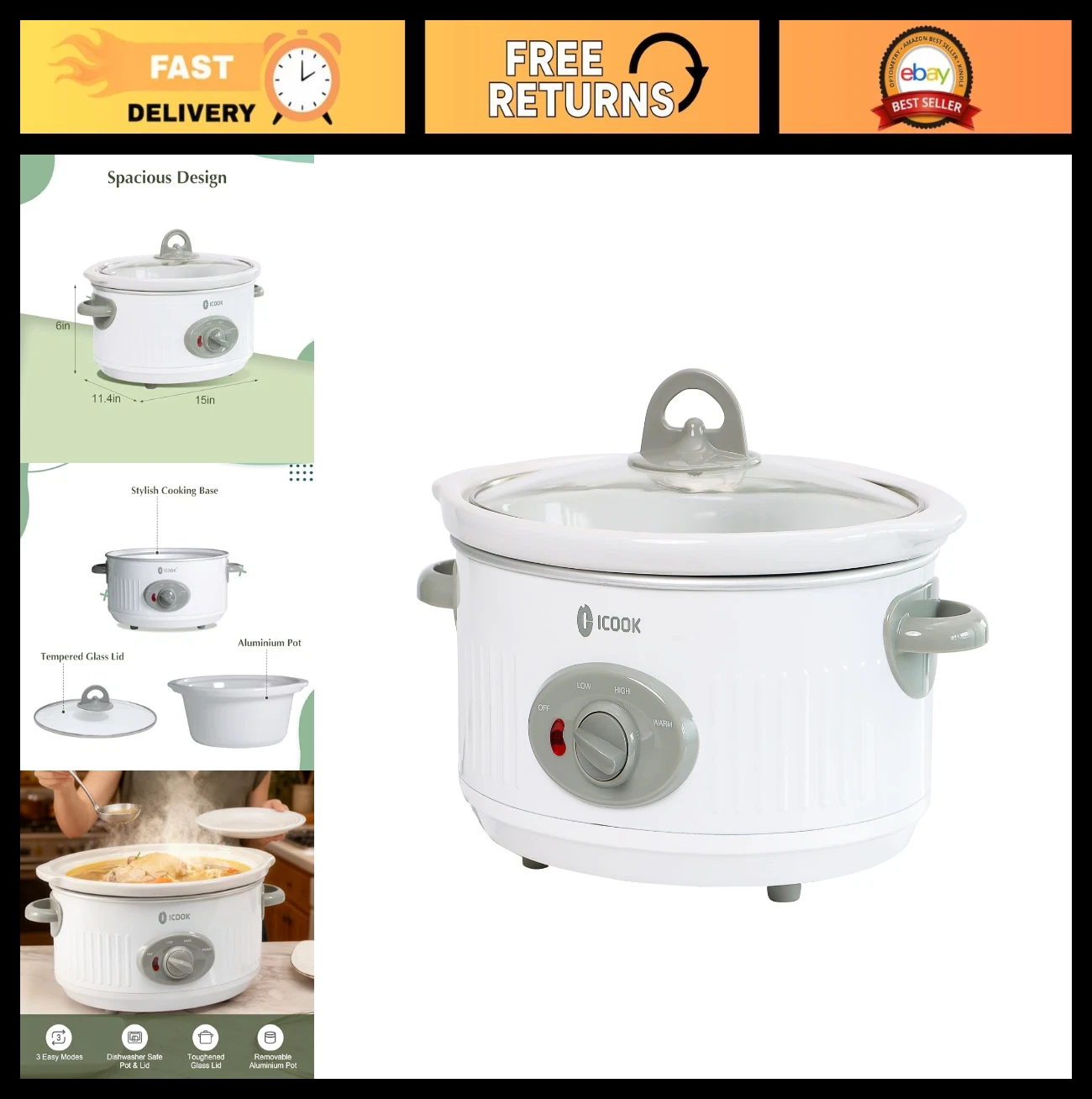 3.5 Quart Slow Cooker - 3 Heat Settings, Non-Stick, Dishwasher Safe, Removable P