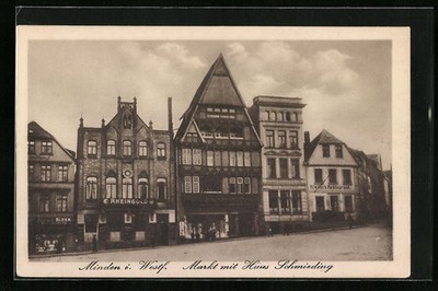 AK Minden i. Westf., Markt mit Kleiter´s Restaurant, Cafe Rheingold und Haus Sc 