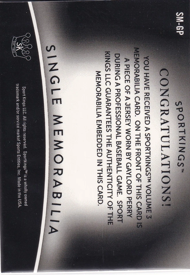 2022 Sport Kings Volume 3 - GAYLORD PERRY - Game Worn Jersey Memorabilia - Image 2 of 2