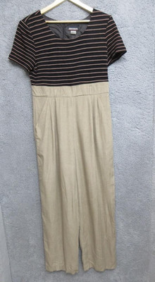 Vintage John Roberts Jumpsuit Womens 14 Black Tan Stripe Made USA Wide Leg
