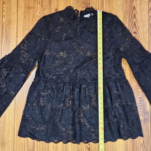 Ophelia Roe Black Lace Sheer Blouse Womens Size Medium High Neck Bell Sleeve - Picture 6 of 9