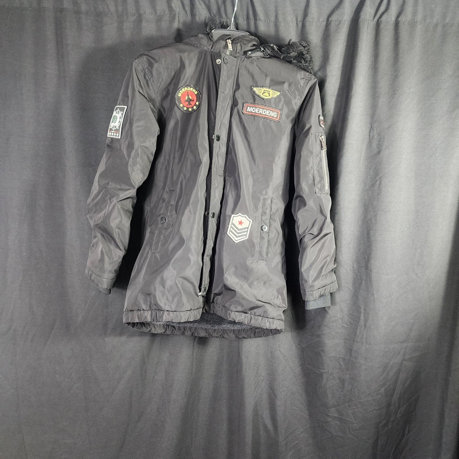 Kids MOERDENG Black Hooded Parka Jacket Patches and Faux Fur Trim Size 10-12