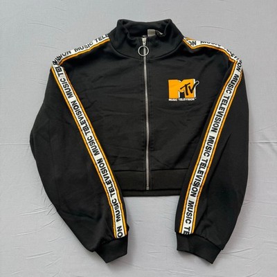H&M Divided MTV Music Television Cropped Track Jacket Black Orange Small