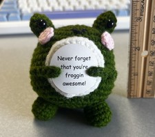 Handmade Crochet Frog Plush Small Stuffed Animal Green with Motivational Sign