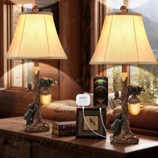 Set of 2 Rustic Bear Table Nightstand USB Lamp Light Cabin Lodge Home Decor 26"