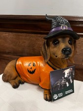 Halloween Dachshund Dog Statue with Witch Hat  Pumpkin Sweater Figurine NWT 