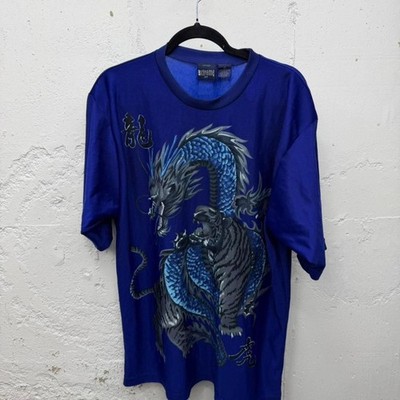 Vintage Y2K Blue Dragon Tiger Graphic Tee Extreme Limit Streetwear 