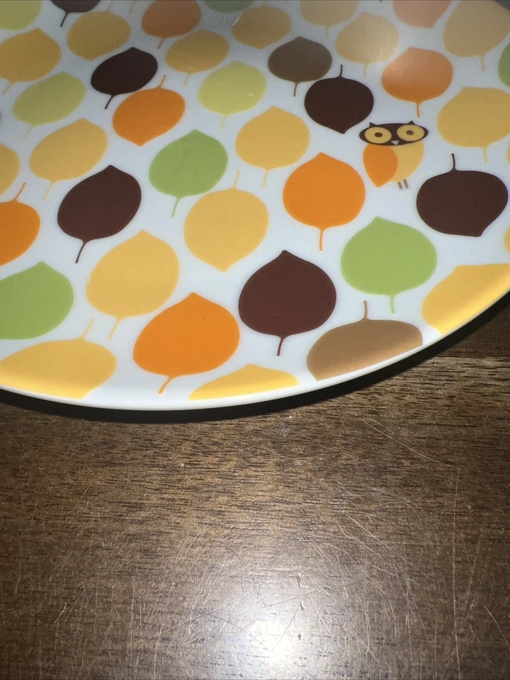 Plato de ensalada Rachael Ray Little Hoot Owl marrón verde amarillo naranja hojas Foto 3 de 4