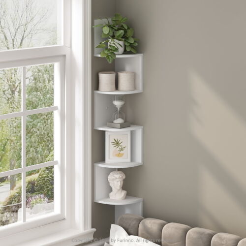 5-Tier Floating Corner Shelf, Wall Mount Shelves for Storage and Display, White
