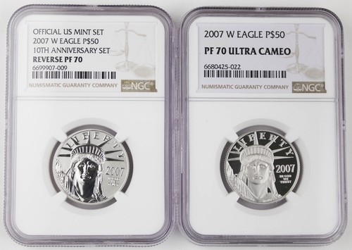 2007 W $50 1/2 Oz PLATINUM EAGLE 10th Anniv 2 Coin Set NGC PF70 Reverse Proof - 第 1/6 張圖片