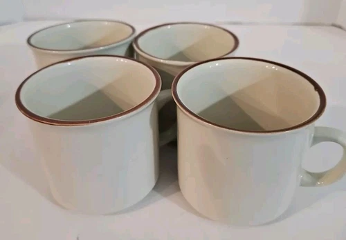 Vintage Kanney Stoneware Japan Cream & Brown Rim Coffee Mugs Set Of 4