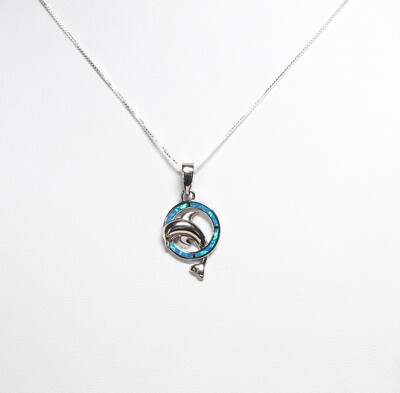 925 Sterlingsilber blaues Inlay erstellt Opal Delfin Anhänger mit 18'' SS Box Kette
