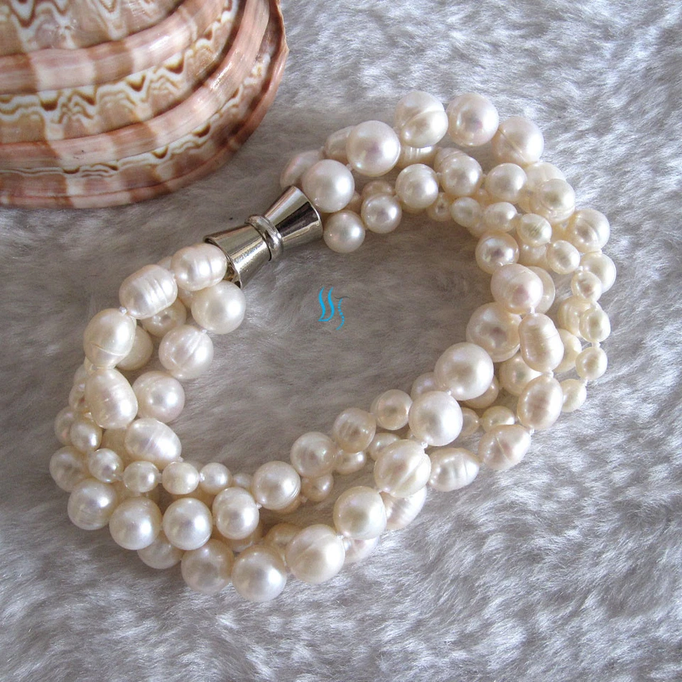 Brazalete de perlas blancas de agua dulce de 7-8" 4-10 mm 4 filas arroz redondo natural Foto 4 de 4