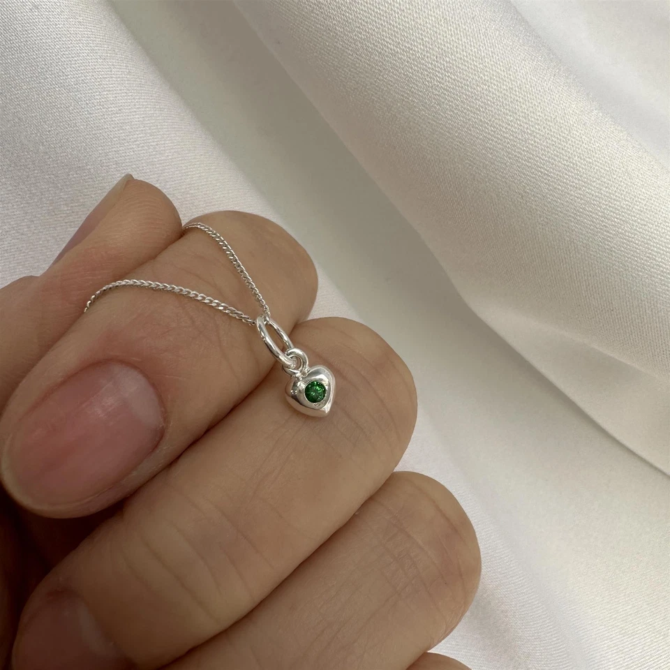 Sterlingsilber & Smaragd CZ Kristall Mai Geburtsstein Herz Halskette 40,6 - 55,8 - Bild 3 von 4