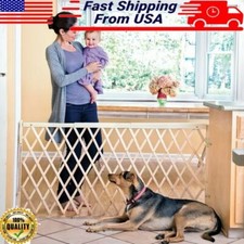 Toddlers Wide Walk-Thru Room Divider Retractable Baby Gate 1-Hand Latch Wood New