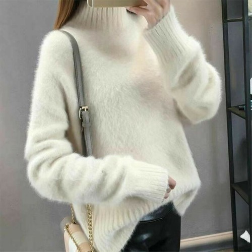 Donna Simil Mohair Maglione a collo Alto Caldo Pullover Casual Maglieria |  eBay