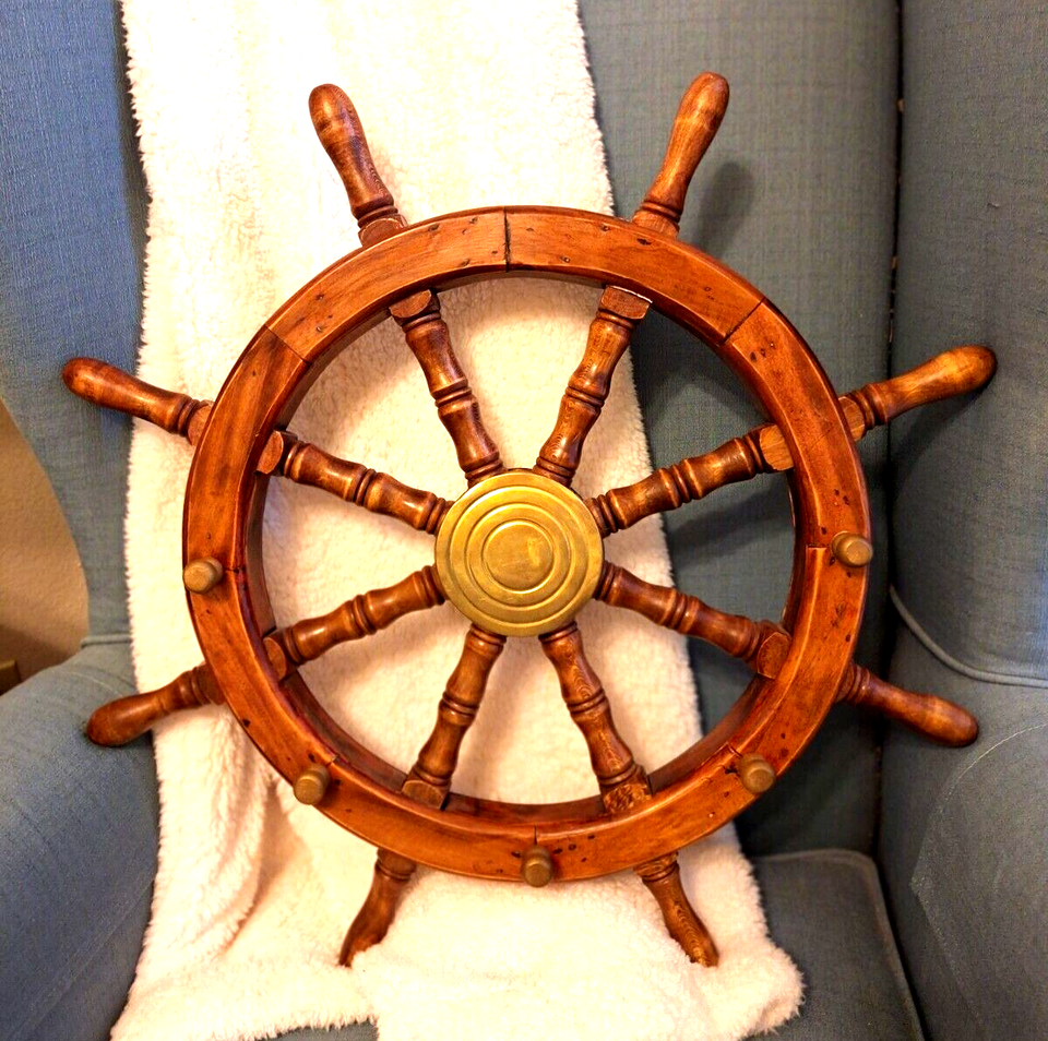 Solid Wood Mahogany and Brass Large Ship’s Wheel Coat Rack Nautical 23.5” eBay