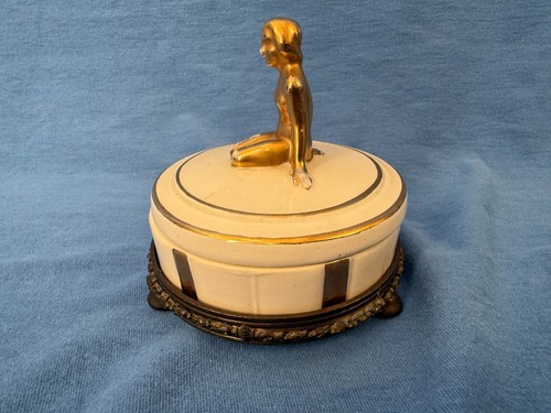 Vintage BW Porcelain Powder Vanity Jar Gold Topless Kneeling Lady Trinket Box - Picture 16 of 18