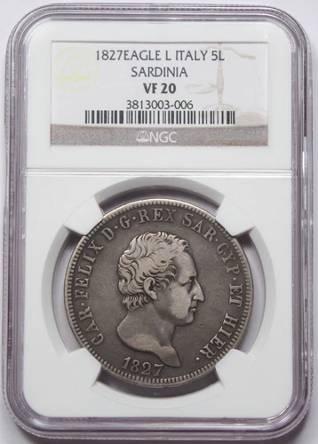 Italy Sardinia 1827 5 LIRE Coin NGC VF20 KM-116.1 Italian States Eagle L Felice
