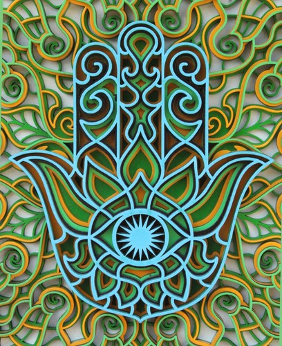 Decorazione da parete in legno Hamza mano e tondo fiore mandala fortunato arabo simboli sacri 3D - Foto 9 di 10