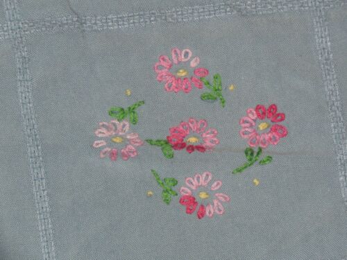 Vtg Embroidered Blue Tablecloth 40x38" Square Colorful Flowers Hemstitch Linen - Picture 3 of 3