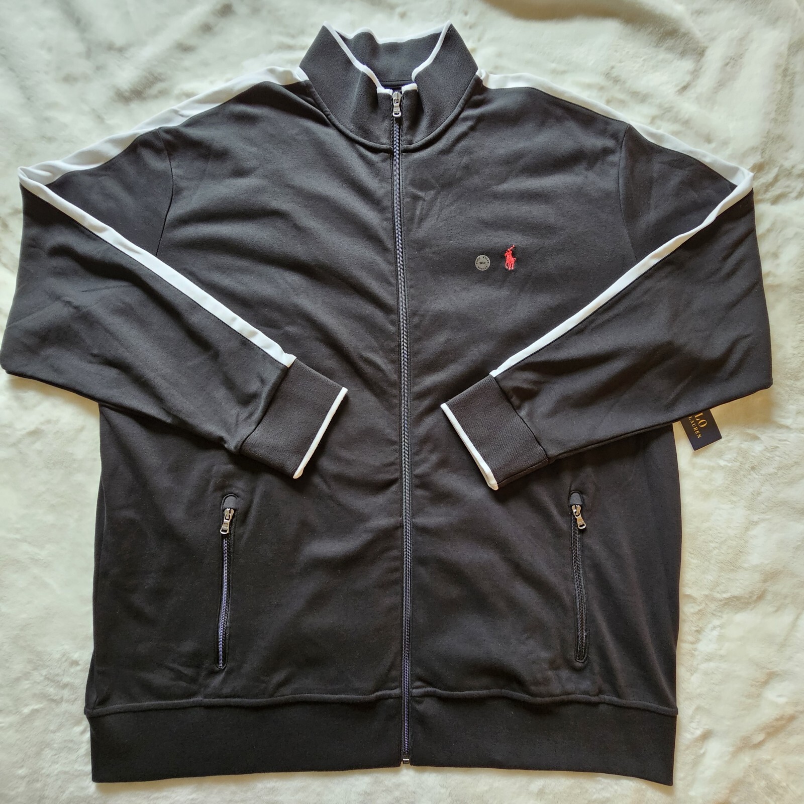 PONY POLO RALPH LAUREN Giacca da pista grande e alta 3XLT nero bianco a righe interbloccata nuova con etichette