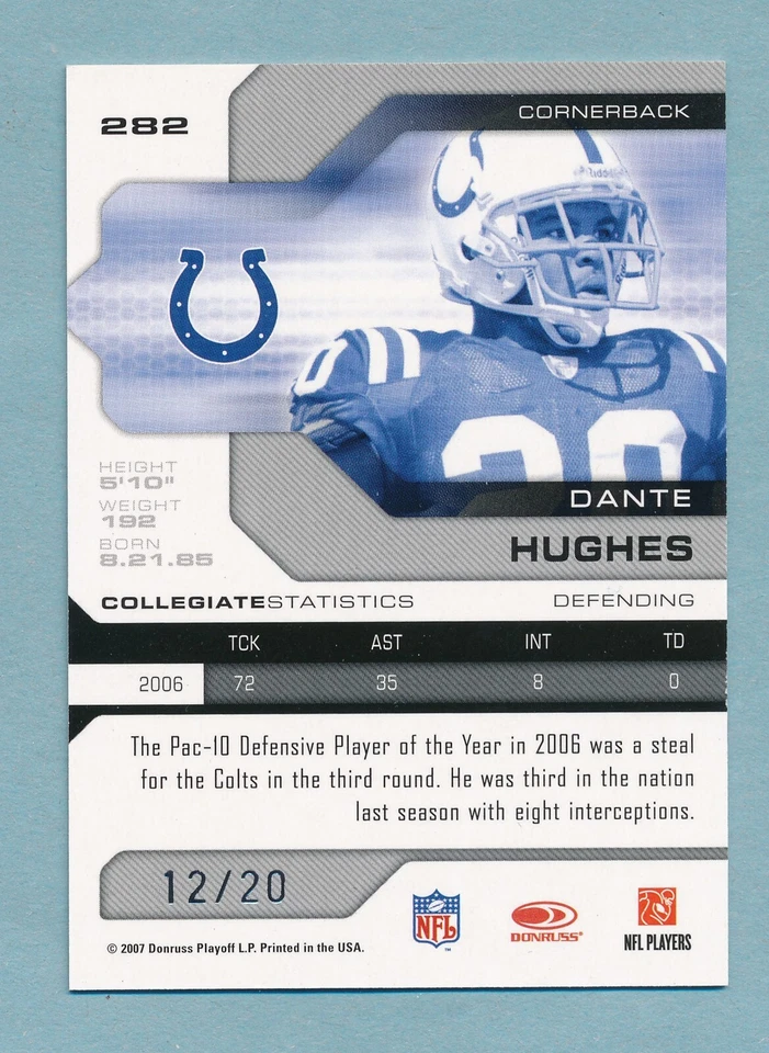 Dante Hughes 2007 Leaf Limited Spotlight Rookie Card #282 12/20 Colts - Image 2 of 2