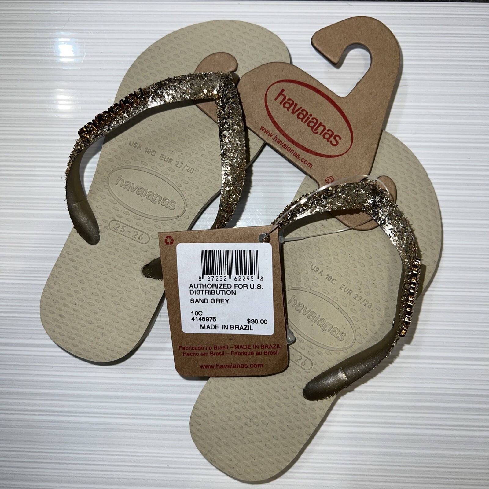 PANTOFOLA D’ORO Infradito spiaggia Havaianas grigio sabbia (scintilla oro) per bambini taglia 10 USA nuove con etichette