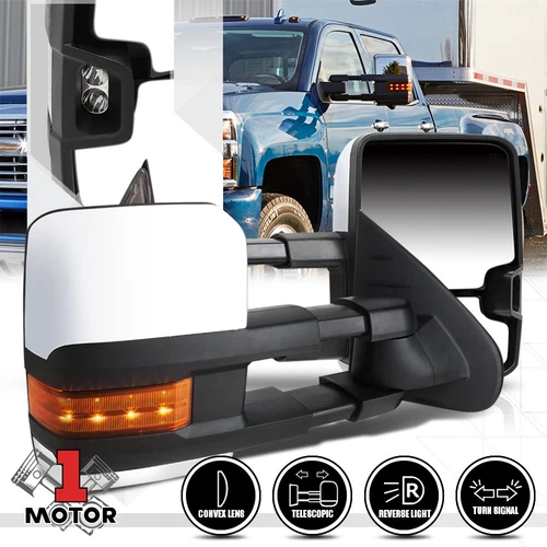 [Pair] Chrome Manual Extendable LED Signal Towing Mirror for 07-14 Sierra/Yukon
