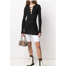 GANNI Black Ribbed Merino Wool Lace Up V Neck Tunic Top Dress Women's Size M