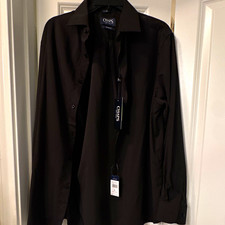 Chaps Men's Dress Shirt Black Solid Slim Stretch L 16/16.5 32/33