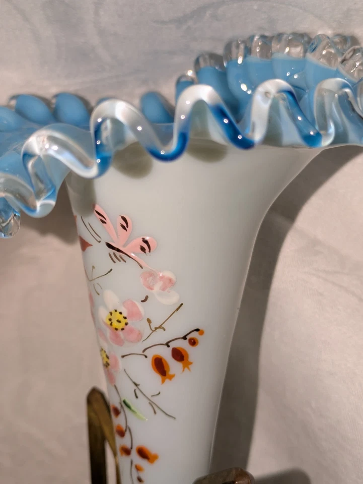 VICTORIAN Napoleon lll 9" Enamel Hand Paint flowers Blue Ruffled Vase Brass base - Image 4 of 4