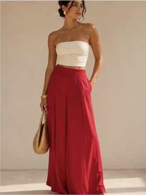 NWT Andrea Iyamah Ara Satin Wide Leg Flowy Palazzo Trousers Pants Ruby Red 0 XS 
