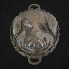 Vintage Antique Cast Iron Pig Hog Boar Head Baking Mold Cheese Pan Metal Lid 
