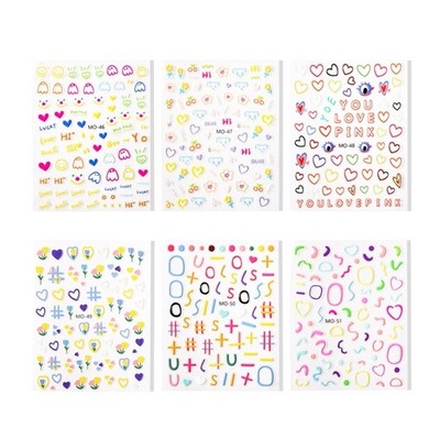 6Sheets Aesthetic Doodles Style Bear Blossom Nail Stickers Decals Pastel Color