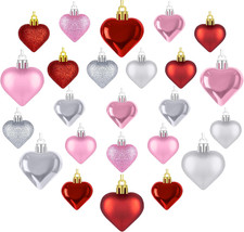 24Pcs Valentines Day Heart Ornaments, Classic Red Pink Silver Shaped Hanging Bau